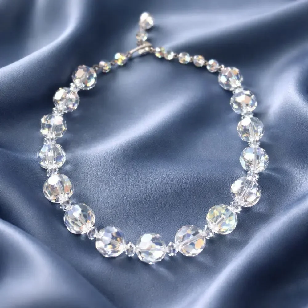 Vtg Crystal Necklace Aurora Borealis‎ Adjustable 3 1/4” Beads 16” Collectible